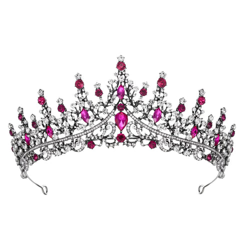 SWEETV Hot Pink Rhinestone Crystal Tiara Crown for Women, Antique Silver Metal Headband for Prom Birthday