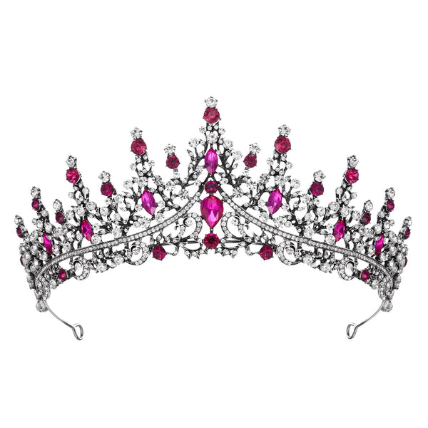 SWEETV Hot Pink Rhinestone Crystal Tiara Crown for Women, Antique Silver Metal Headband for Prom Birthday