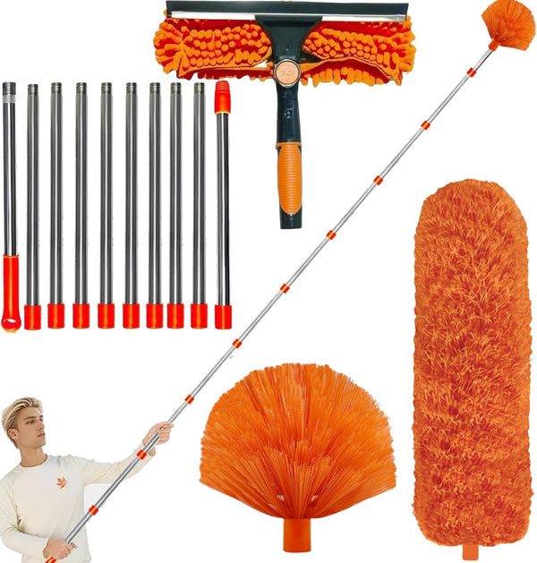20+ Feet High Reach Dusting Kit with 3-14 ft Extension Pole, 2 in 1 Window Cleaning Kit, High Ceiling Duster, Cobweb