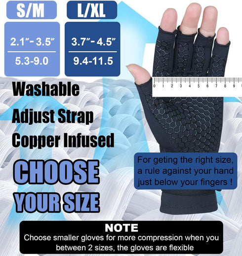 2 Pairs Copper Arthritis Gloves for Women Men, Compression Gloves with Adjust Strap for Wrist Support