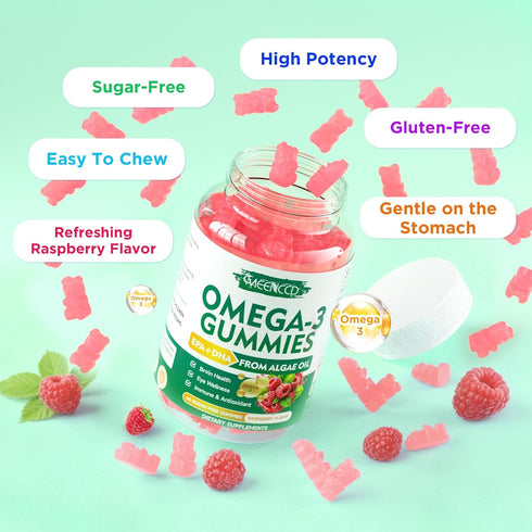 Omega-3 Gummies 1000mg, 3 600mg 300mg 60 Count Vegan Omega Fish Oil Alternative for Adults, Algae-Based DHA & EPA +