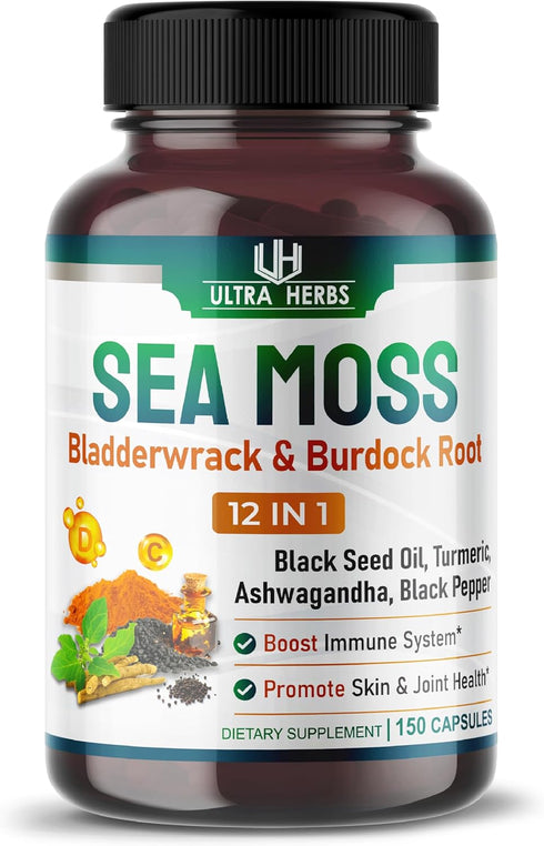Organic Sea Moss Capsules, 12,900mg with Black Seed Oil, Ashwagandha, Burdock Root, 150 Count