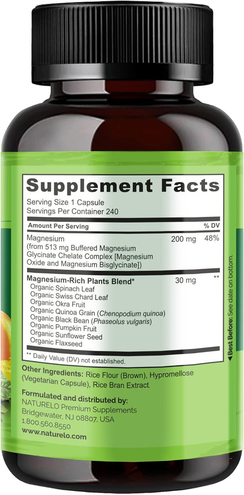NATURELO Magnesium Glycinate Supplement - 240 Capsules, 200 mg Glycinate Chelate with Organic Vegetables for Sleep &