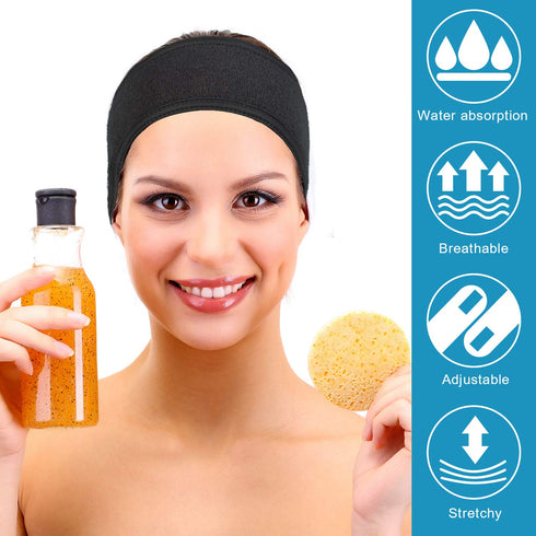 Whaline Terry Cloth Spa Facial Headband Wrap, 4 Counts Stretch Towel for Bath, Makeup, and Sport (Black)