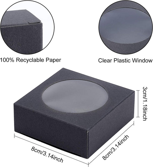 BENECREAT 24 Pack Black Kraft Paper Boxes with Clear Window, 3x3x1.2 for Bakery Cookies Cake Candy Gift Packaging