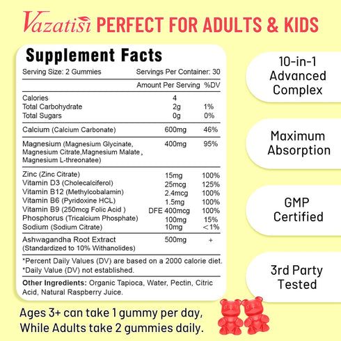 Calcium Magnesium Zinc Gummies with Vitamin D3 & B12, Sugar Free Calcium Supplements for Women Men Support Bone, Muscle Teeth, Mood & Immunity, Vegan Raspberry Flavor