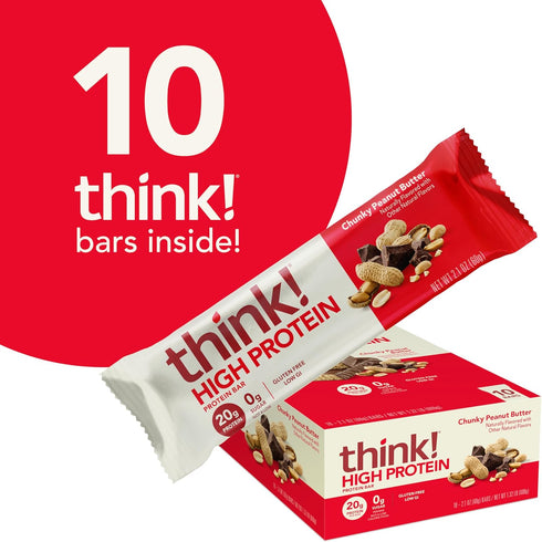 think! Protein Bars - Gluten Free, Kosher Friendly, Chunky Peanut Butter, 2.1 Oz, 10 Count (Packaging May Vary)