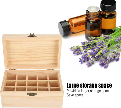 FILFEEL Essential Oil Wooden Box, 15 Slot Storage Case, Pine Wood Organizer Holder for Essential Oils, 18.2 x 11.5 x 9