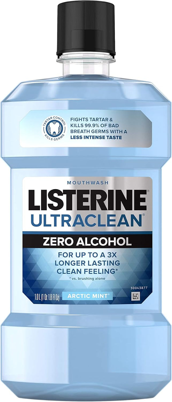 Listerine Ultraclean Zero Alcohol Mouthwash - Tartar Control Oral Rinse, Arctic Mint, 1 L for Fresh Breath