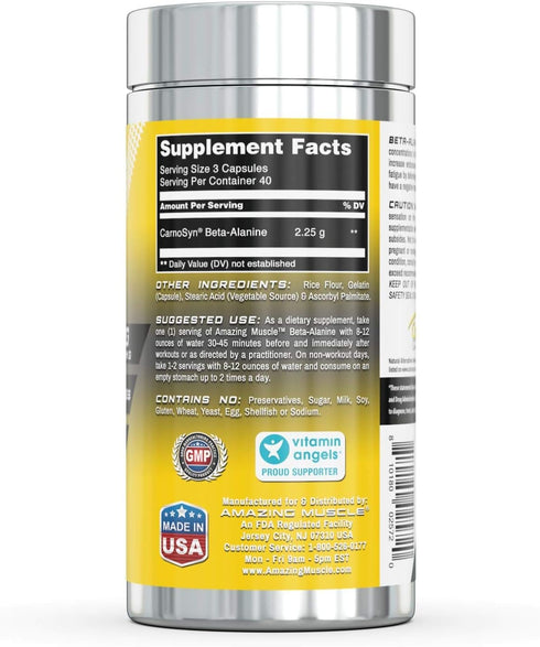 Beta Alanine Amino Acid | 2250mg Per Serving | Unflavored | Ideal Pre & Post Workout Supplement | 120 Capsules