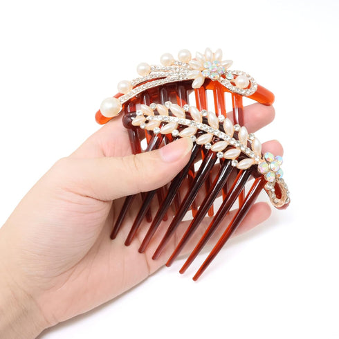 Honbay 2PCS 7 Teeth Hair Side Combs - Pearl Crystal Rhinestone Floral Twist Combs, Decorative Hair Accessories for Women