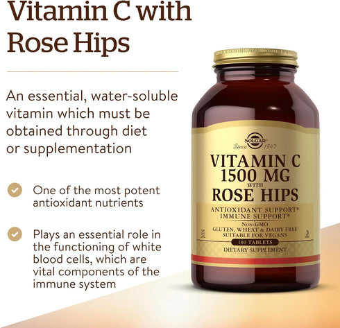 Solgar Vitamin C 1500 mg with Rose Hips, 180 Tablets, Antioxidant & Immune Support