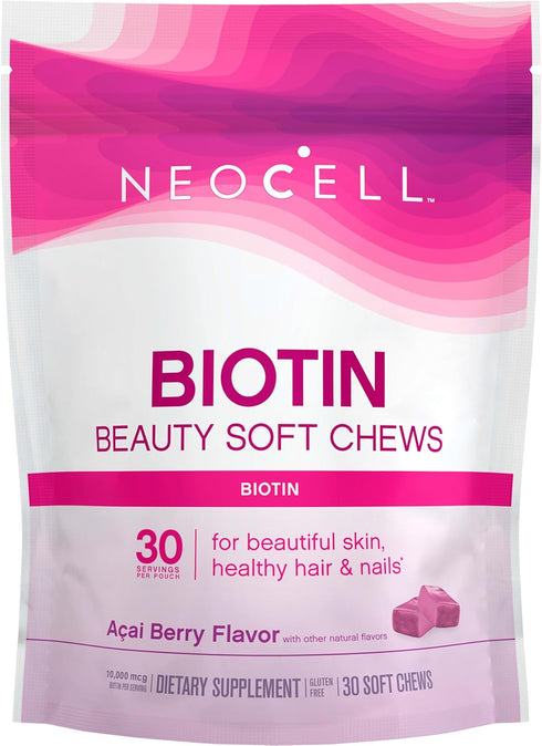 NeoCell Biotin Beauty Soft Chews, 30 Count, Acai Berry Flavor, Healthy Skin, Hair, Nails, Energy Support