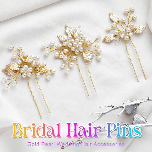 Heread Pearl Bride Wedding Hair Pins | Leaf Bridal Head Piece Flower Hair Accessories for Women (Pack of 3)