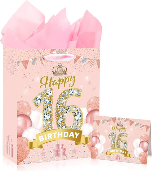 Yoirrat Rose Gold Sweet 16th Birthday Gift Bag for Girls Pink Happy 16th