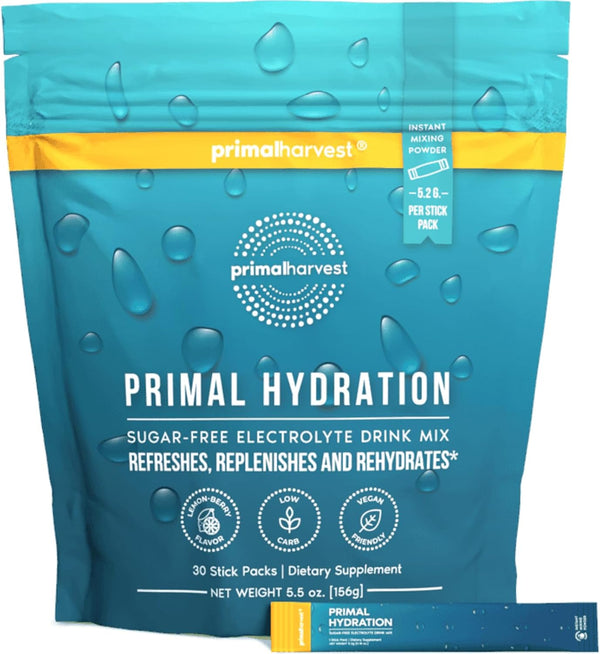 Primal Harvest Electrolytes Powder Packets - Easy Open Hydration Drink Mix (Lemon Berry, 30 Packs)