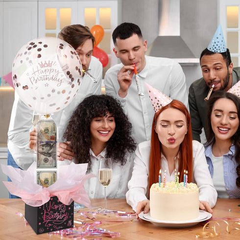 lasuroa Set Pull Money Balloon Box for Cash Gift, Funny Happy Birthday Surprise with Balloons, Ribbon, Holder