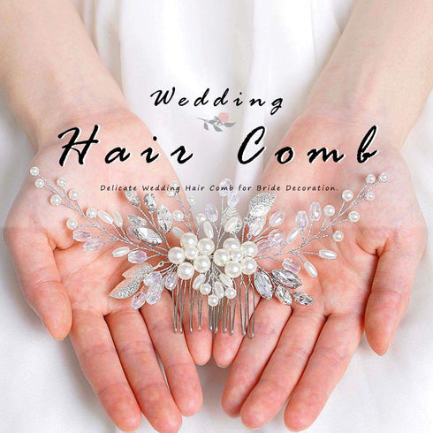 Yean Bride Leaf Bridal Hair Comb, Pearl Wedding Hair Piece, Rhinestone Hair Accessories for Women and Girls (Silver)