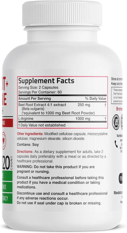 Bronson Beet Root + L-Arginine 2000 MG Nitric Oxide Production- Non-GMO, 120 Vegetarian Capsules