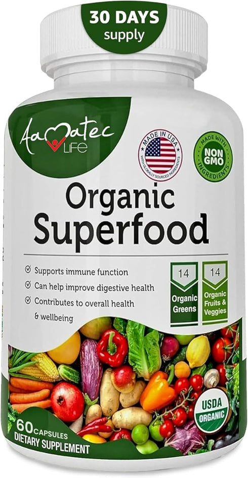 Organic Superfood Greens Fruits and Veggies Complex - Dietary Supplement with 14 Greens & 14 Fruits, Non-GMO