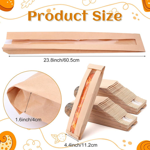 kenaeooe 100 Pack 23.8 4.4 1.6 Inch Baguette Bread Bags with Clear Window, Long French Bread Bag, Paper Bakery Storage