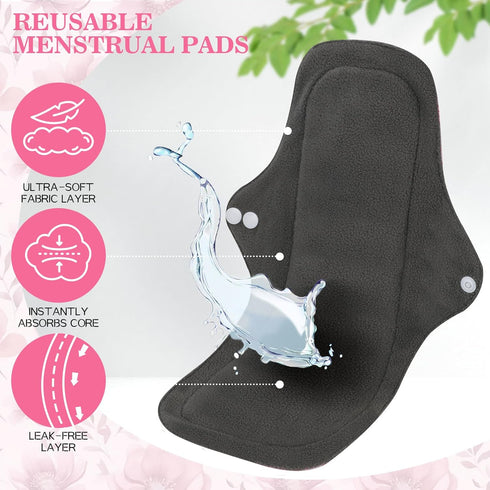 PHOGARY 7 Pack Set 1 33cm Reusable Menstrual Pads Large Sanitary Pads for Heavy Flow with Wet Bag, Washable Overnight