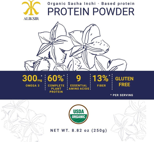 Organic Sacha Inchi Plant Based Protein Powder by Aliksir, 1 Bag (8.8 oz), 100% Natural, Vegan, Gluten-Free, 9 Grams