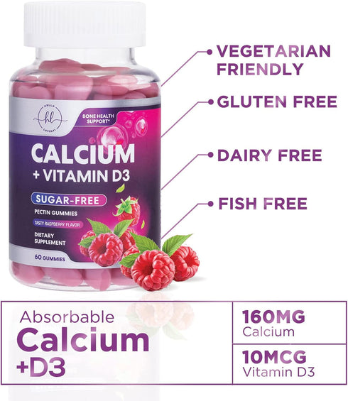 Calcium Supplement + Vitamin D3, Sugar Free Calcium Gummies for Bone & Teeth Support, 60 Gummies