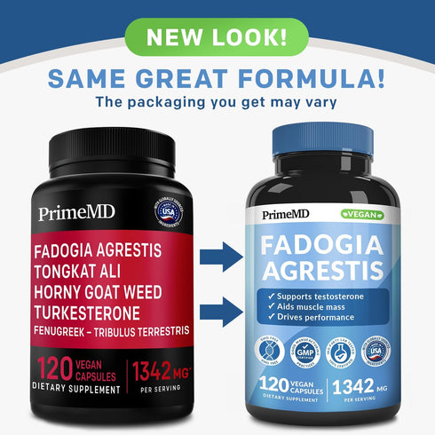PrimeMD 12-in-1 Fadogia Agrestis and Tongkat Ali for Men, Testosterone Supplement for Men with Horny Goat Weed, Men's
