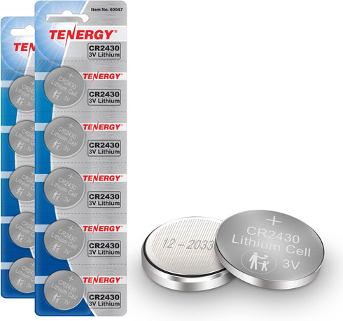 Tenergy CR2430 Battery, 3V Lithium Coin Battery for Car Key Fob, 10 Count (Pack of 2)
