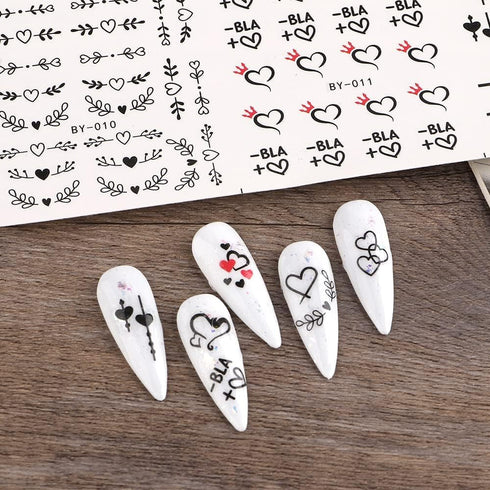 Valentine's Day Nail Art Stickers, Black Heart Water Transfer Decals, Simple Love Design for Women 12Pcs