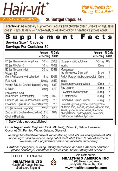 Hair-VIT, 30 Capsules, Once Daily, Vital Nutrients for Strong, Thick, Shiny Hair