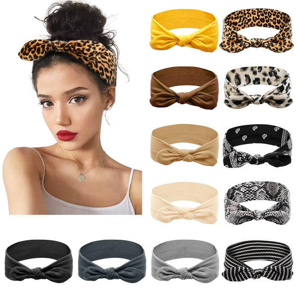 Huachi 12 Pack Bow Headbands for Women - Elastic Knotted Hair Band with Rabbit Ears, Cute Fashion Accessories
