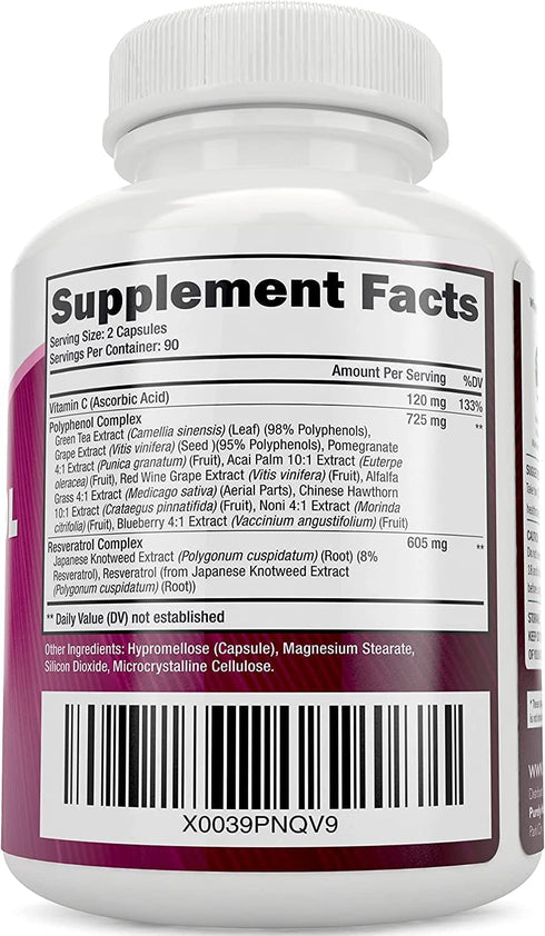 Purely Holistic Resveratrol 1450mg Antioxidant Supplement with Vitamin C, 180 Vegan Capsules