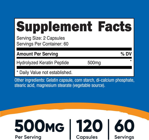 Nutricost Keratin Hydrolized Peptide Capsules - 500MG, 120 Capsules (60 Servings) - Non-GMO, Gluten-Free Formula