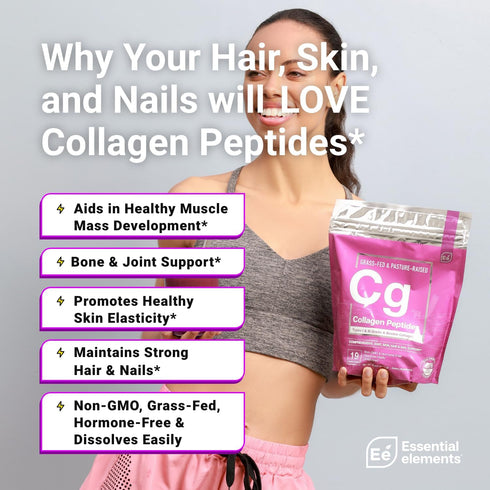 Essential Elements Hydrolyzed Collagen Peptides Powder - Supplement for Joint, Skin, Hair, & Nail Support Types I III Non-GMO, Hormone-Free, Grass-Fed 41 Servings