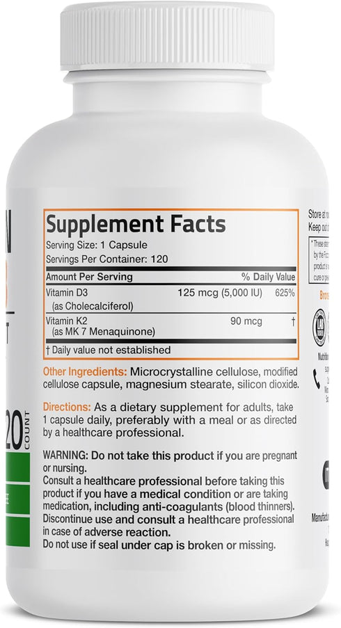 K2 (MK7) D3 5000 D3 90 K2 MK-7 120 Bronson Vitamin with Supplement Non-GMO Formula IU Vitamin & mcg Easy to Swallow D