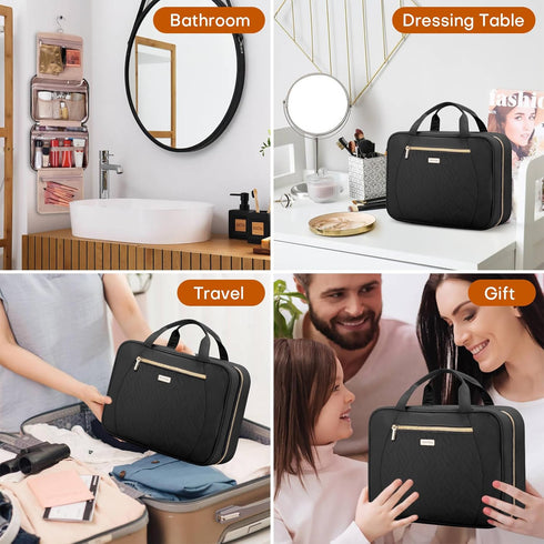 Women's Travel Toiletry Bag, Hanging Makeup Organizer for Accessories and Full-size Toiletries in Medium Black