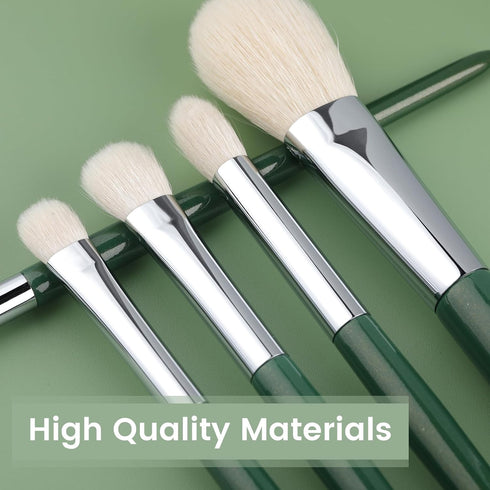 Natural Goat Hair Makeup Brushes Set Labeled 9 Piece Face and Eye Brush Set Ultra soft hair Foundation, Concealer, Blush, Contour, Blending, Eyeshadow Kabuki travel makeup brush set (green)