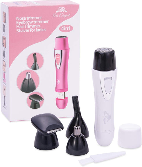 Rechargeable Facial Hair Removal for Women, Painless Nose Ear Eyebrows Trimmer Remover (White, 4 in 1)