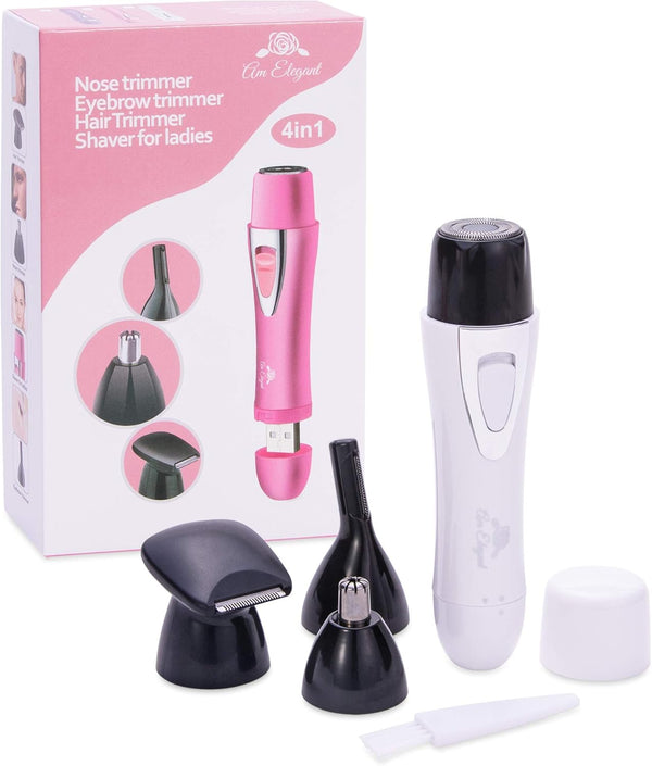 Rechargeable Facial Hair Removal for Women, Painless Nose Ear Eyebrows Trimmer Remover (White, 4 in 1)
