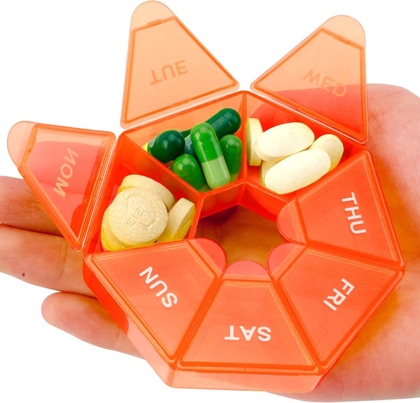 Pill Organizer, Weekly & Daily Pill Container, Small Pill Box for 1 Time a Day, Travel Pill Holder, 7 Day (Orange)