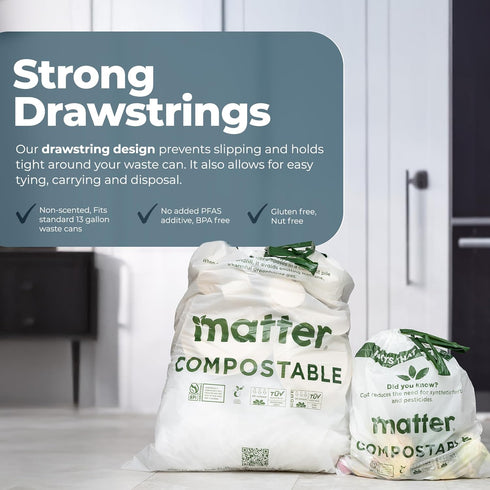 Pack 3 13 70 Count Matter Compostable Variety Gallon and Gallon Kitchen Trash Bags with Drawstring, Unscented, Durable