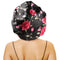 Large Round Black Floral Satin Bonnet for Sleeping, Double-Layer Elastic Hair Bonnet for Women with Braids/Curly Hair