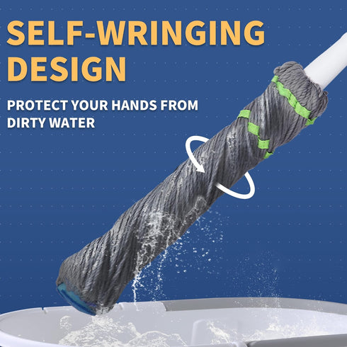 BOOMJOY Self Wringing Mop for Floor Cleaning, Long Handled Twist Mop with 2 Microfiber Washable Heads