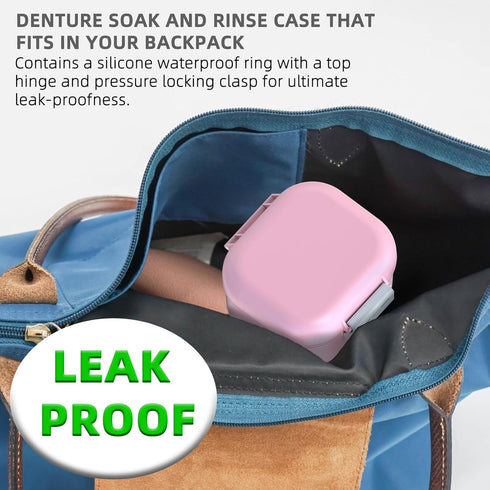 ARGOMAX Portable Leak Proof Denture Bath Cup, Soaking Box with Strainer for Dentures and Braces (Pink + White)