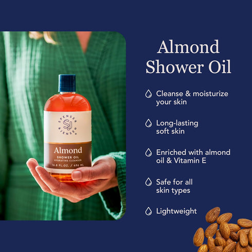 Spenser & Jensen Hydrating Almond Shower Oil, Body Wash for All Skin Types, 16.8 Oz (Pack of 1), Rich in Vitamin E