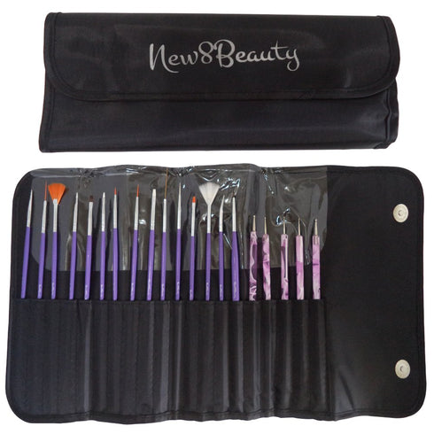 Nail Art Brushes 20pc Kit Set with Roll-Up Pouch, Dotting Pens, Marbling Detailing, Best for Nail Art and Facial