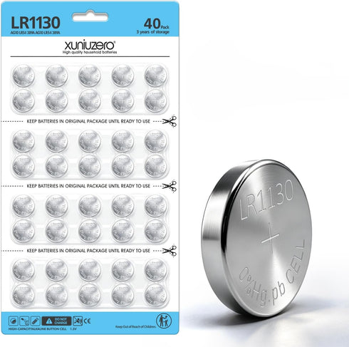 XUNIUZERO 40 Pack LR1130 AG10 Battery 1.5V Long-Lasting Alkaline Button Cell Batteries