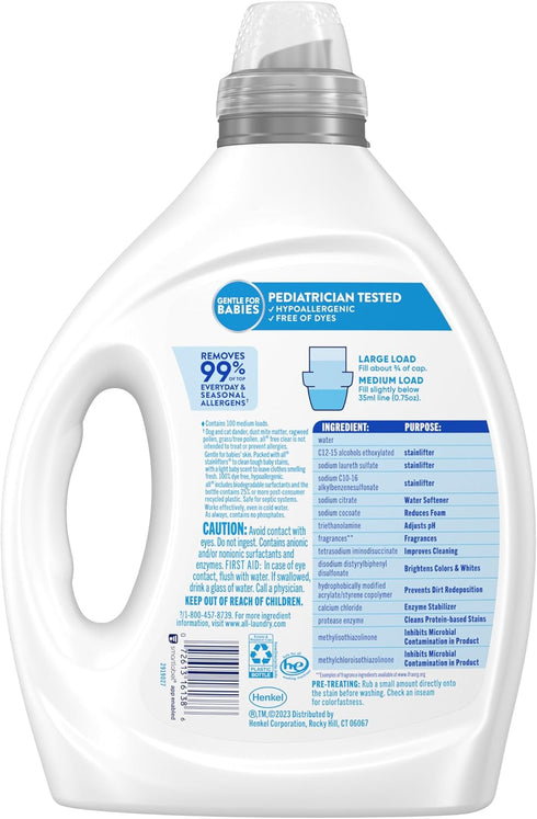all Liquid Laundry Detergent, Gentle for Baby, Hypoallergenic & Free Of Dyes, 2X Concentrated, 100 Loads
